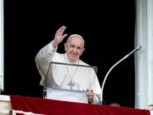 Pope Francis waves during Regina Coeli address on May 2, 2021.